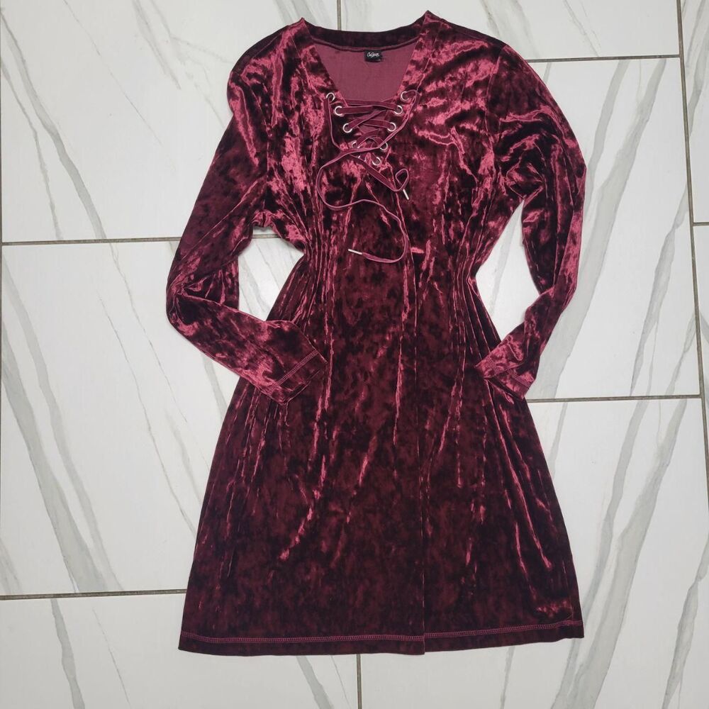 Burgundy Crushed Velvet Lace Up Mini Dress Fairycore Whimsigoth Gothic